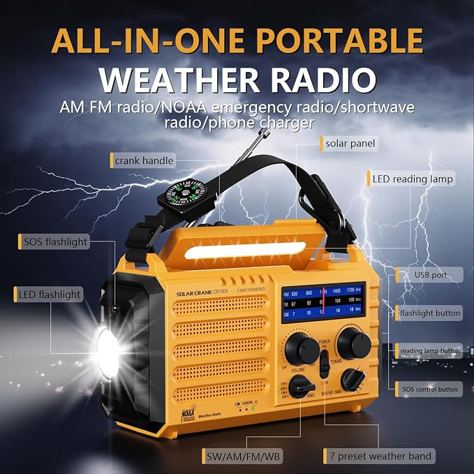 Emergency Weather Radio, 5 Ways Powered Crank Solar Radio, Portable - Image 6
