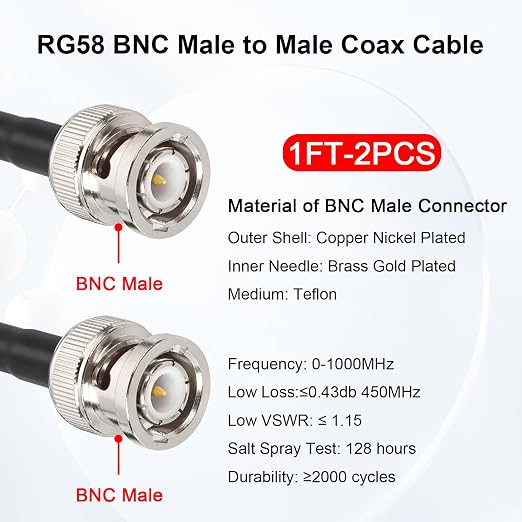 BNC Cable - 1FT 2PCS RG58 50 ohm BNC Male to Male Coax Cables low loss BNC - Image 2