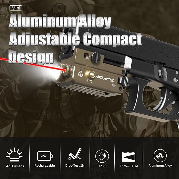 AUCLAYTEC Pistol Flashlight Red Laser Combo 420 Lumens Pistol Light Recharge - Image 2