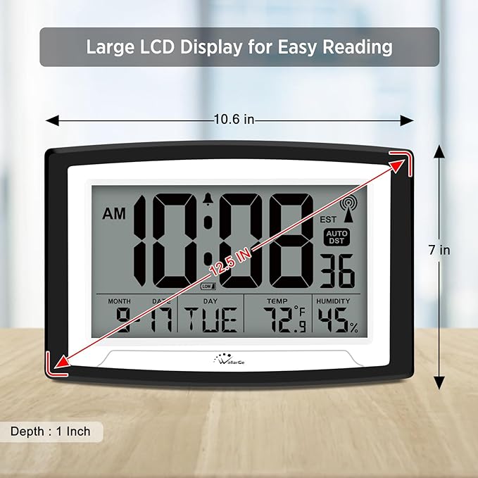 WallarGe Atomic Clock with Indoor Temperature and Humidity, 12.5 Inch - Image 3