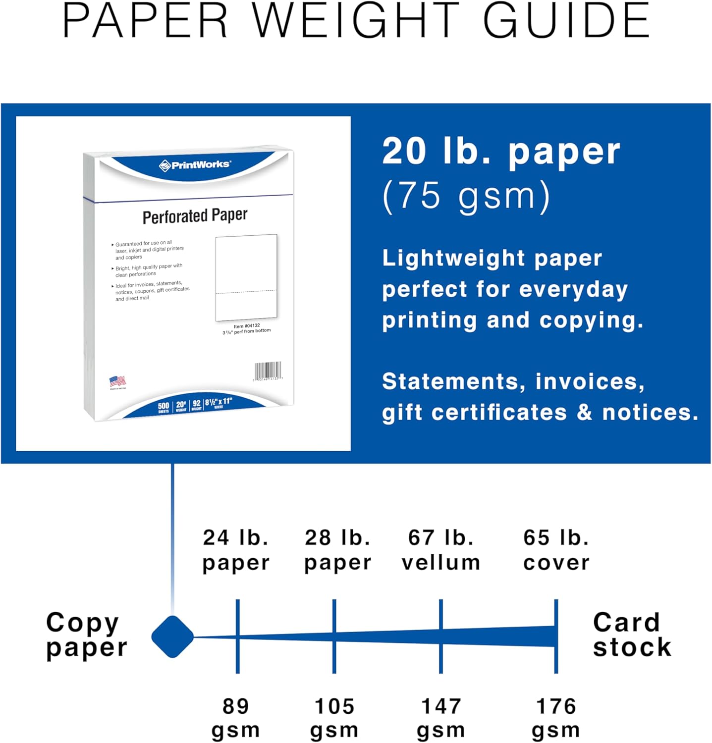 PrintWorks Professional 3 5/8" Horizontal Perforated Paper 8.5” x 11” - Perfect For W-2, 1099, & Statement Use - Made in the USA - 500 Sheets - 20 lb - Printer Compatible - White (04132)