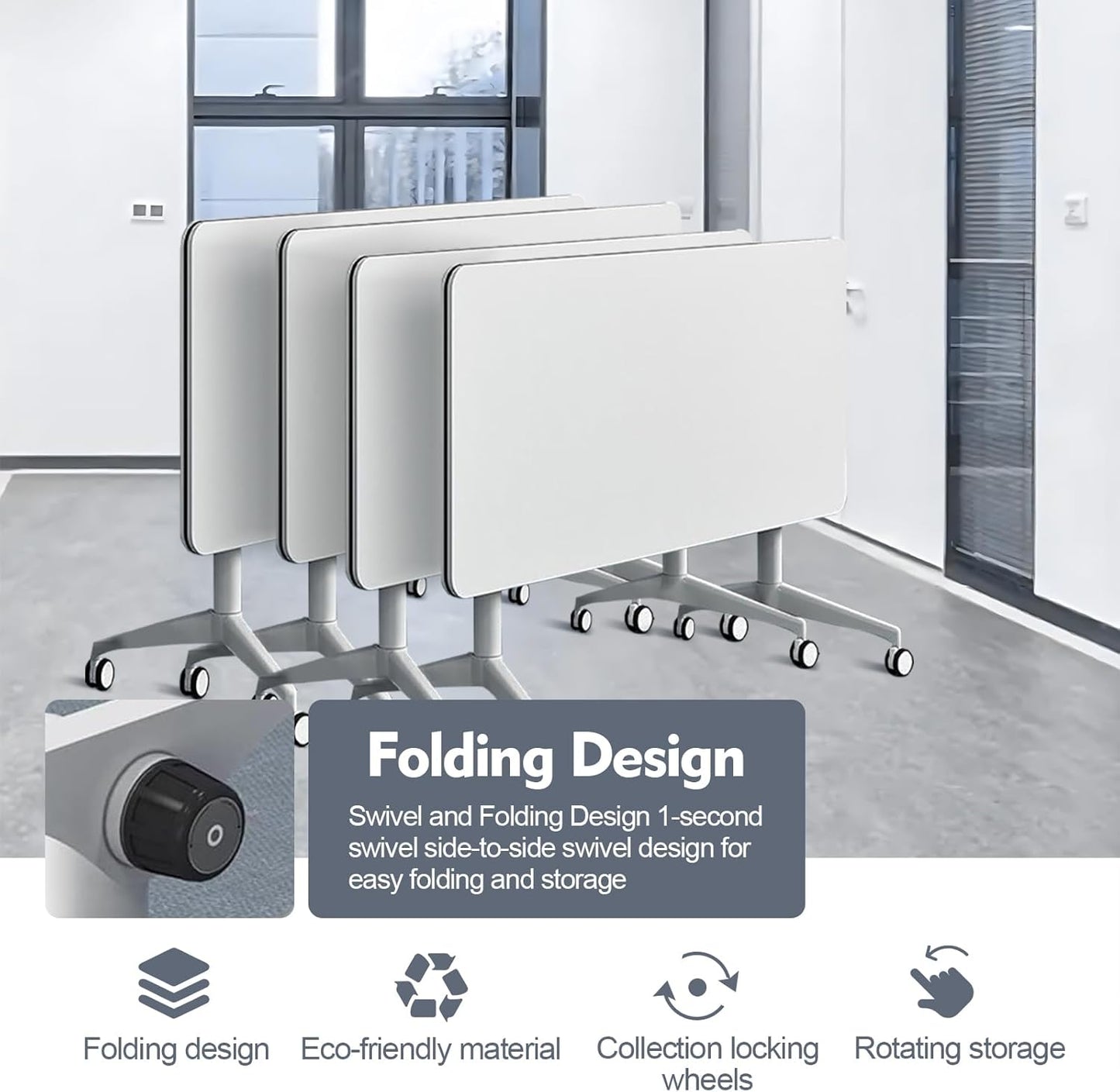 Folding Conference Room Table, Modern Mobile Training Table with Wheels, White Foldable Seminar Meeting Tables for Office Corporations (4pack 63in)