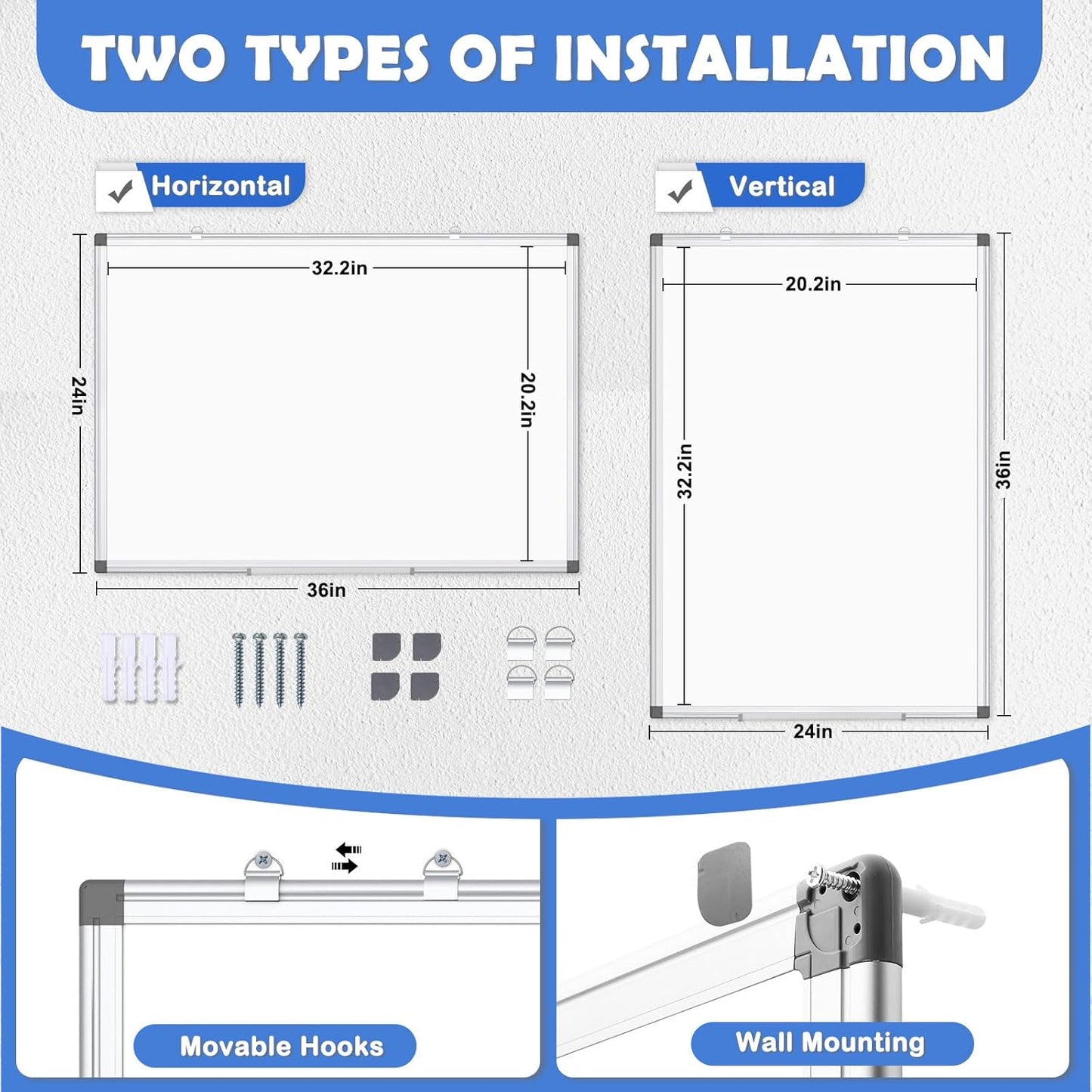 WALGLASS Magnetic White Board, 36" x 24" Double-Sides Dry Erase White Board for Wall, Hanging or Mounted Whiteboard, Horizontal or Vertical, Silver Aluminium Frame, Home, School, Office, Kitchen