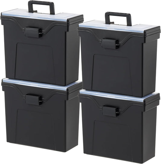 IRIS USA File Box Slim with Lid File Organizer for Letter File w/ Organizer-Lid, Water Resistant Document Box, Plastic Mobile Filing Organizer, Secure Buckle, Portable Handle, Lockable, Black 4 Pack