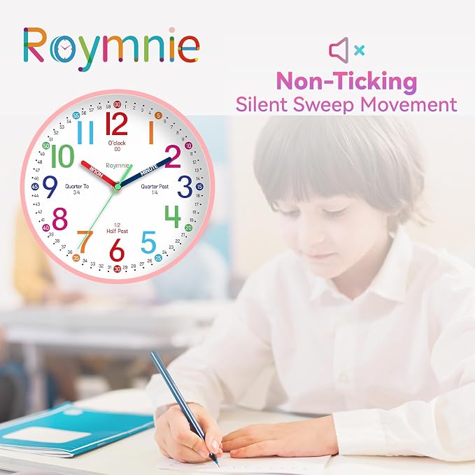 Roymnie Wall Clock 8 Inch for Kids Learning to Tell Time Easily Non Ticking - Image 3