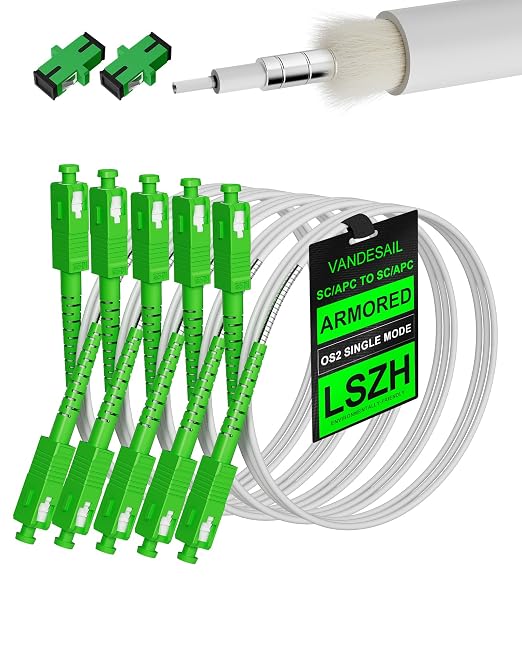 Armored White Fiber Optic Internet Cable 2M 5 Pack, SC/APC to SC/APC Single by VANDESAIL