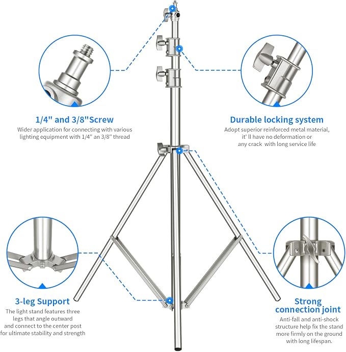 NEEWER 118"/3m Stainless Steel Light Stand, Spring Cushioned Heavy Duty - Image 3
