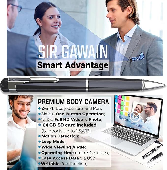 SIRGAWAIN Premium Body Camera Pen — Full HD 1080p Video & Photos, 70-Min Battery - Image 2
