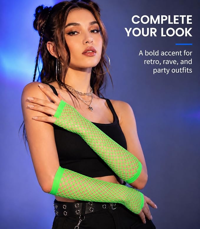 Seeksmile Women's Girls 80's Theme Party Emo Fingerless Arm Fishnet Gloves - Image 2