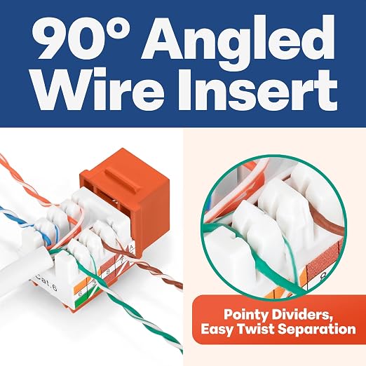 Everest 90° Angled RJ45 Cat6 Keystone Jacks 100-Pack in Orange - Image 3