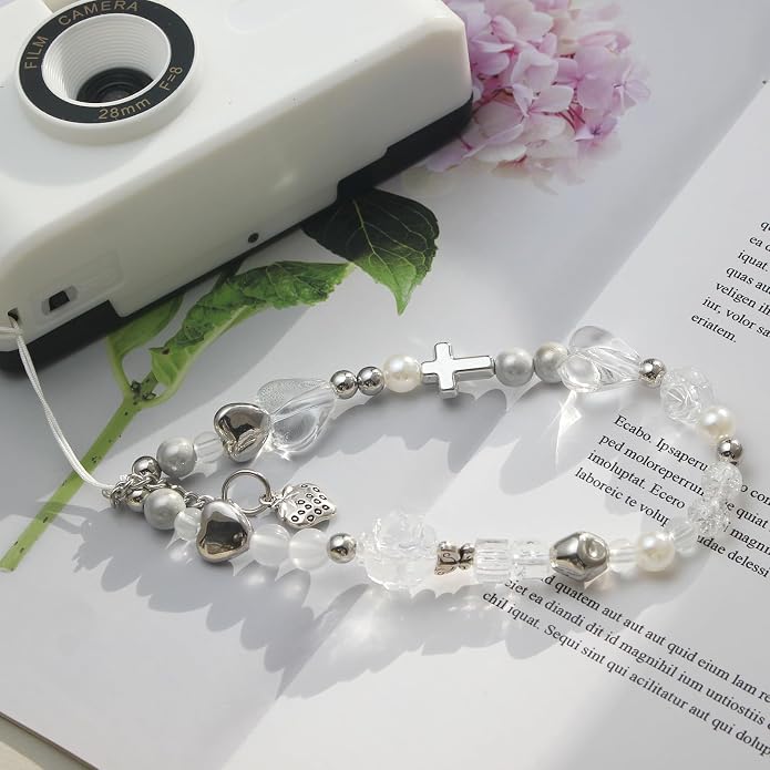 CMVFYL Beaded Camera Wrist Strap, Cute Phone Charms Strap, Pearl Bracelet Wrist - Image 3