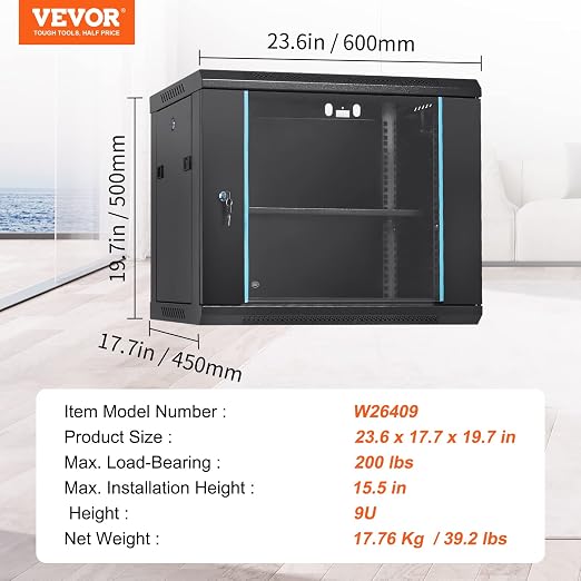 VEVOR 9U Wall Mount Network Server Cabinet, 15.5'' Deep, Server Rack Cabinet - Image 7