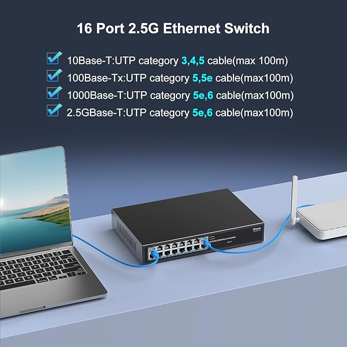 16 Port 2.5G Switch Unmanaged, Vimin 16 Port 2.5GB Base-T Ethernet Switch - Image 4
