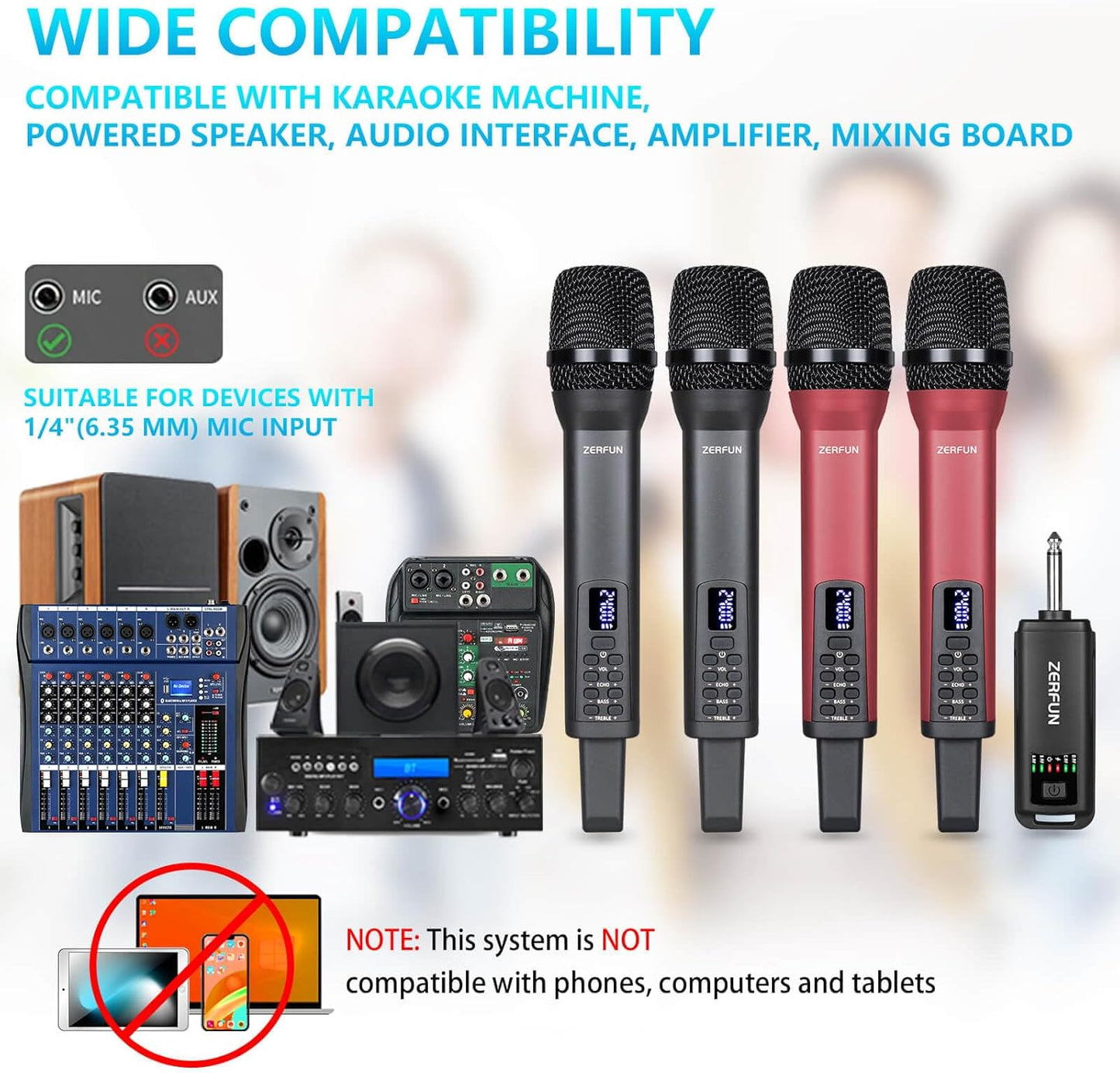 4 Rechargeable Wireless Microphones, Pro Handheld Cordless Mics System with Echo Treble BASS VOL Control for Karaoke Singing Church Party, 1/4'' Output, Grey&Red