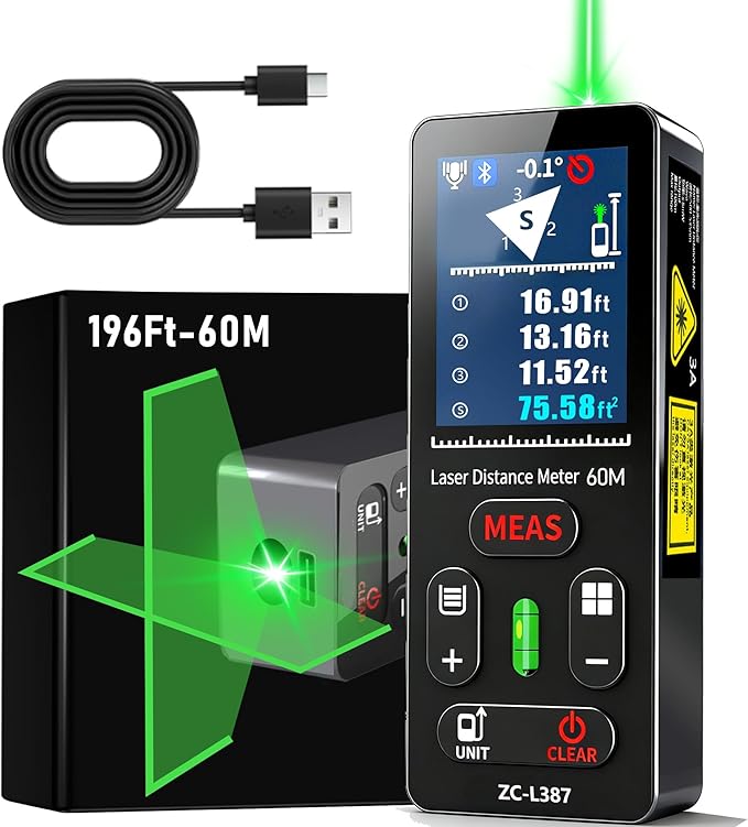 ZC-L387 Laser Measurement Tool 196Ft/60m Green Laser Distance Meter by ZHOUCENetworkCableTester