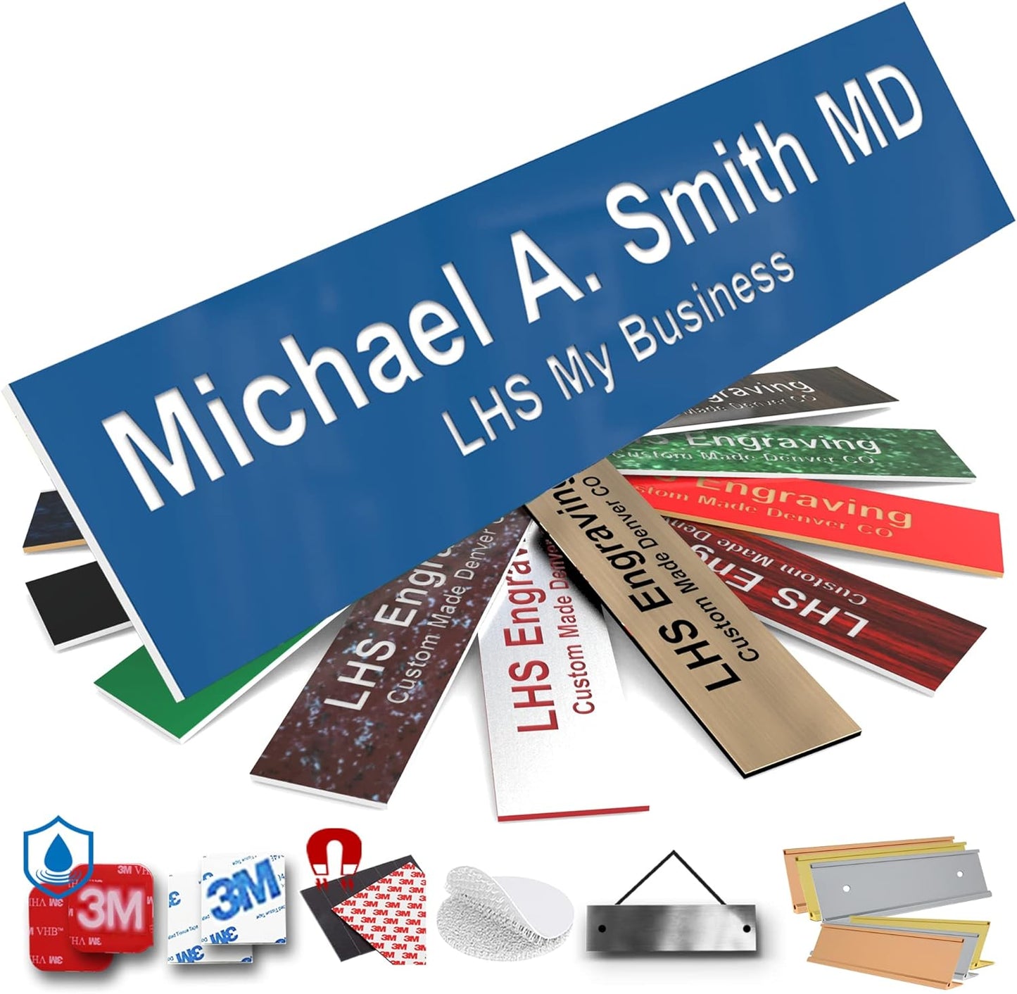 Engraved Name Plates for Door Sign Personalized Blue Plastic Plaque with White Letters - Made in USA 2x8 B9