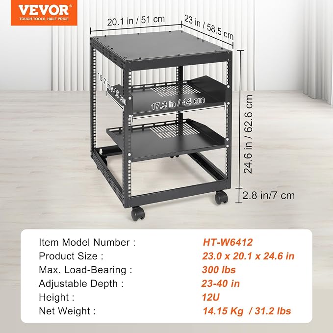 VEVOR 12U Open Frame Server Rack, 23-40 in Adjustable Depth, Free Standing or - Image 7