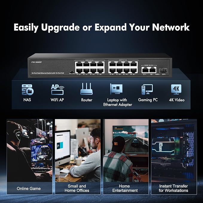 POE Switch 19 Port, 16 POE+ 100Mbps, 2 Gigabit Uplink, 1 SFP, IEEE802.3af/at - Image 8