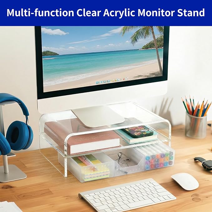 OPNICE Acrylic Clear Desk Organizers and Accessories, 2-Tier Computer Monitor - Image 4
