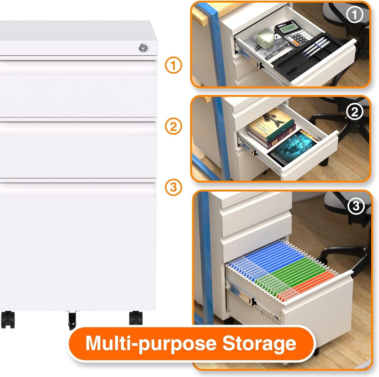 Aobabo Metal 3 Drawer Mobile File Cabinet with Lock, Under Desk Metal Filing Cabinet wiht Wheels, 23.6''H A4/Legal/Letter Size Storage Cabinet, Fully Assembled Except Wheels,White