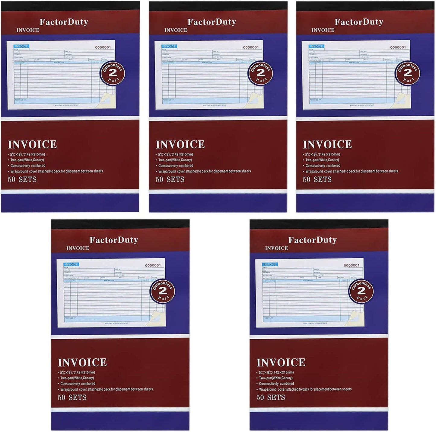 5 Pack Large Sales Order Book Receipt Invoice Duplicate Carbonless 50 Sets 5.5" X 8"5 - Horizontal