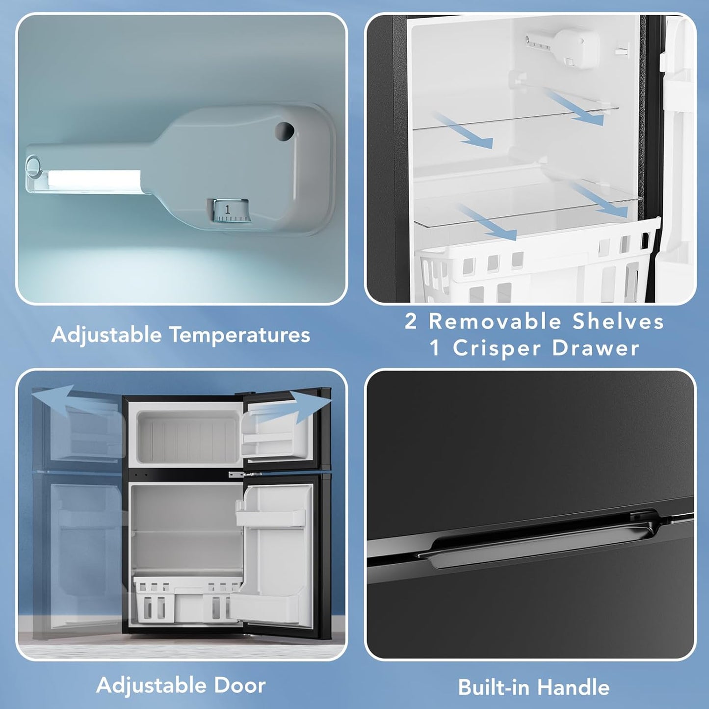 3.1 Cu.Ft Mini Fridge with Freezer, 2 Door Compact Refrigerator, Mini Fridge with Adjustable Removable Glass Shelves for Bedroom, Office, Dorm or Apartment, Black