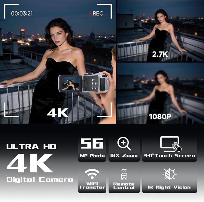 Video Camera, 4K Camcorder 56MP Digital Video Recorder 18X Zoom 3" 270° - Image 3