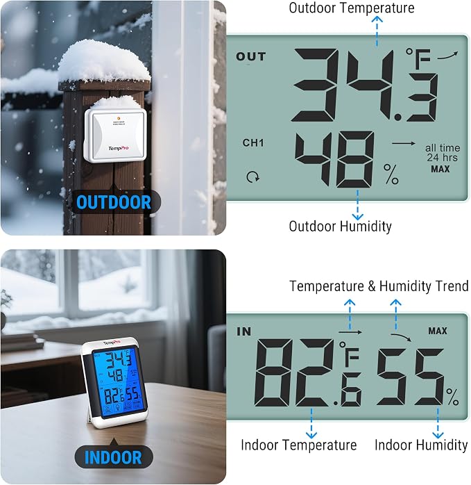 TempPro TP65 Indoor Outdoor Thermometer Digital Wireless Hygrometer Temperature - Image 6
