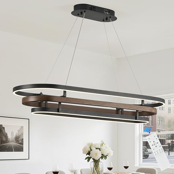 3 Ring LED Chandelier Black Rectangular Chandeliers 39in Wood Printed Oval by Aodoran