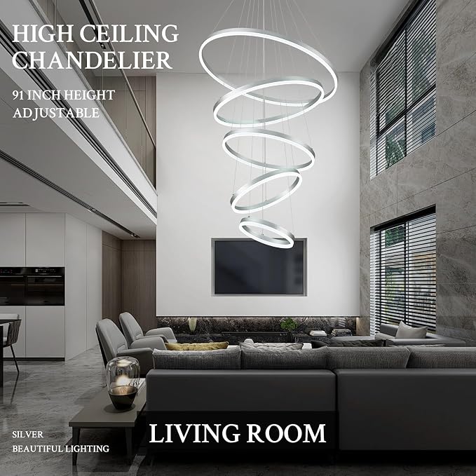 5-Rings D31.5in Modern LED Chandelier Silver Dimmable High Ceiling Chandeliers - Image 4