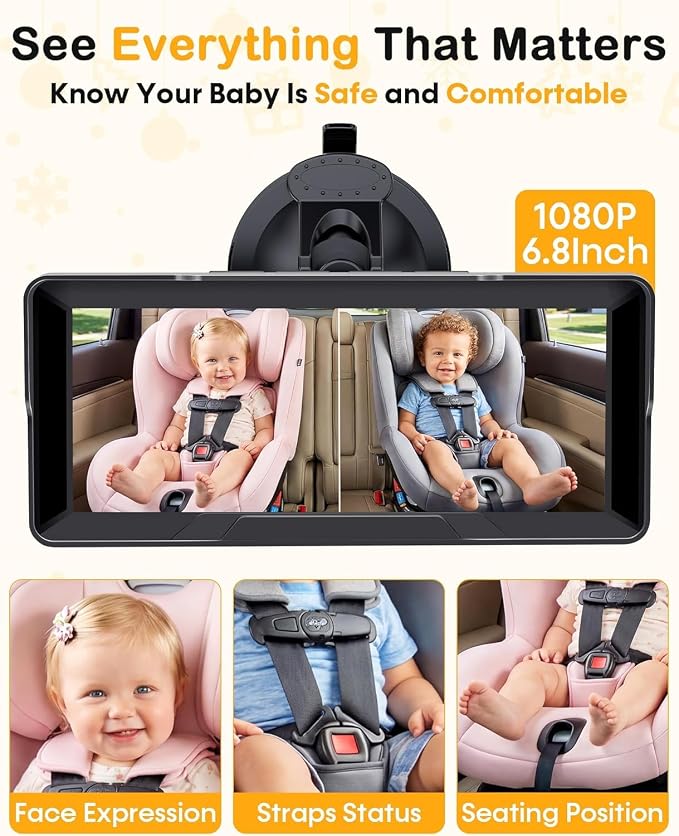 1080P Dual Baby Car Camera: 6.8" Night Vision Monitor 2-Kids from Head to Toe - Image 8