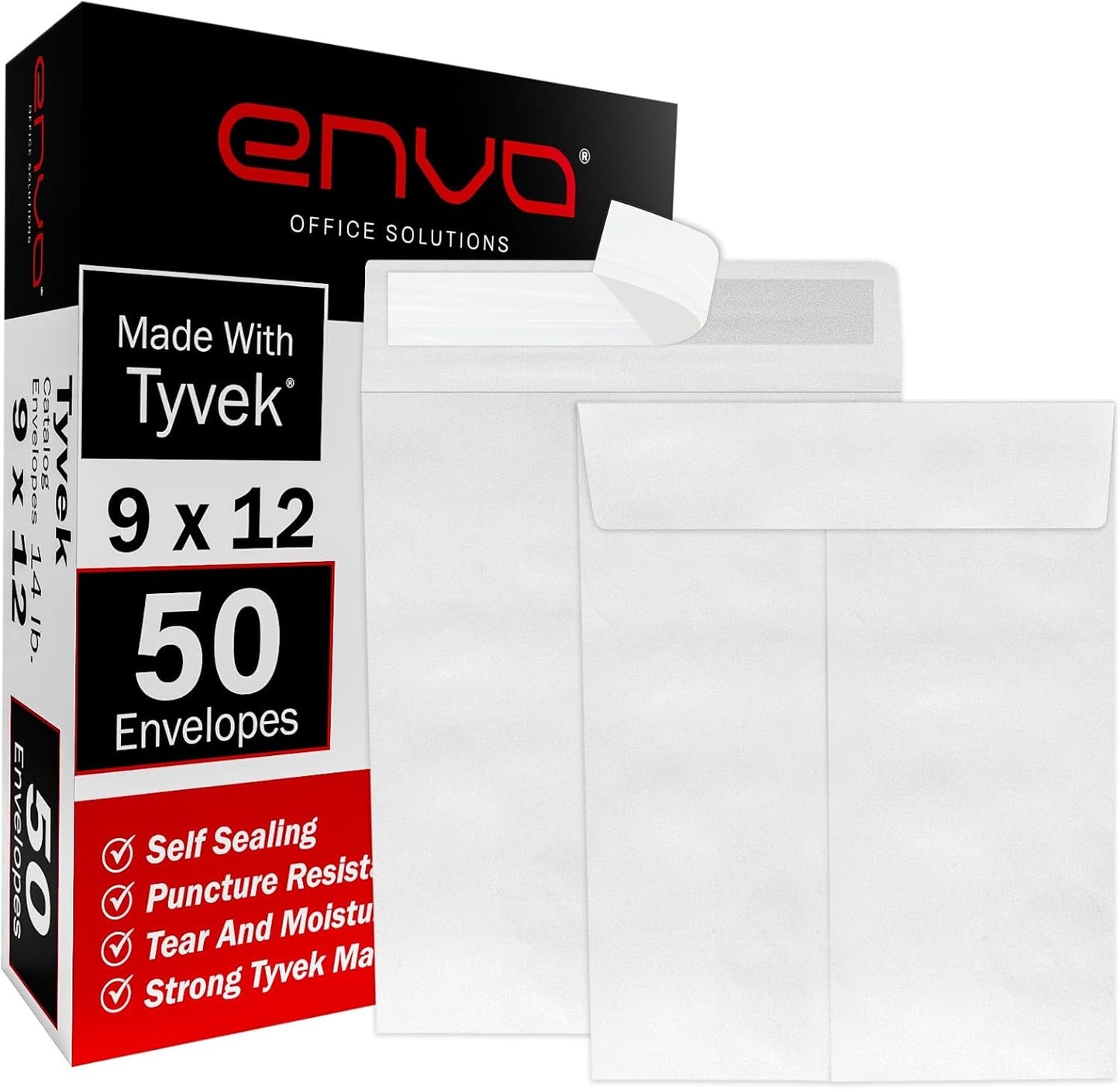9 x 12 Envelopes, Tyvek Envelopes 9x12, Catalog Envelopes 9x12, Self Sealing Closure, Tyvek Material, 14 lb., Puncture, Tear & Moisture Resistant (50 Pack)