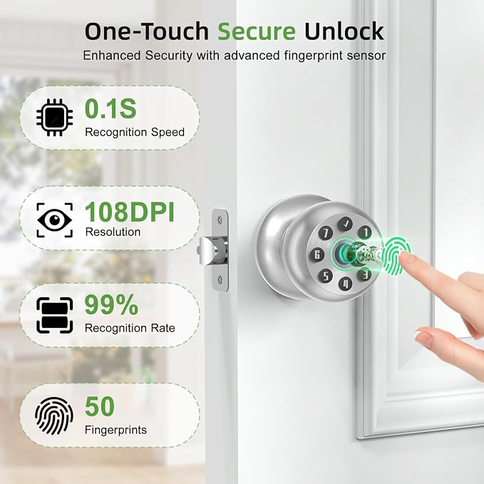 Fingerprint Door Knob, Smart Biometric Lock, Satin Nickel | Code & App Control - Image 3