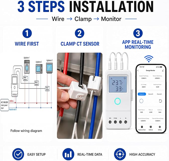 WiFi Home Energy Monitor with 3 80A CT Clamps, Circuit-Level Monitoring - Image 7