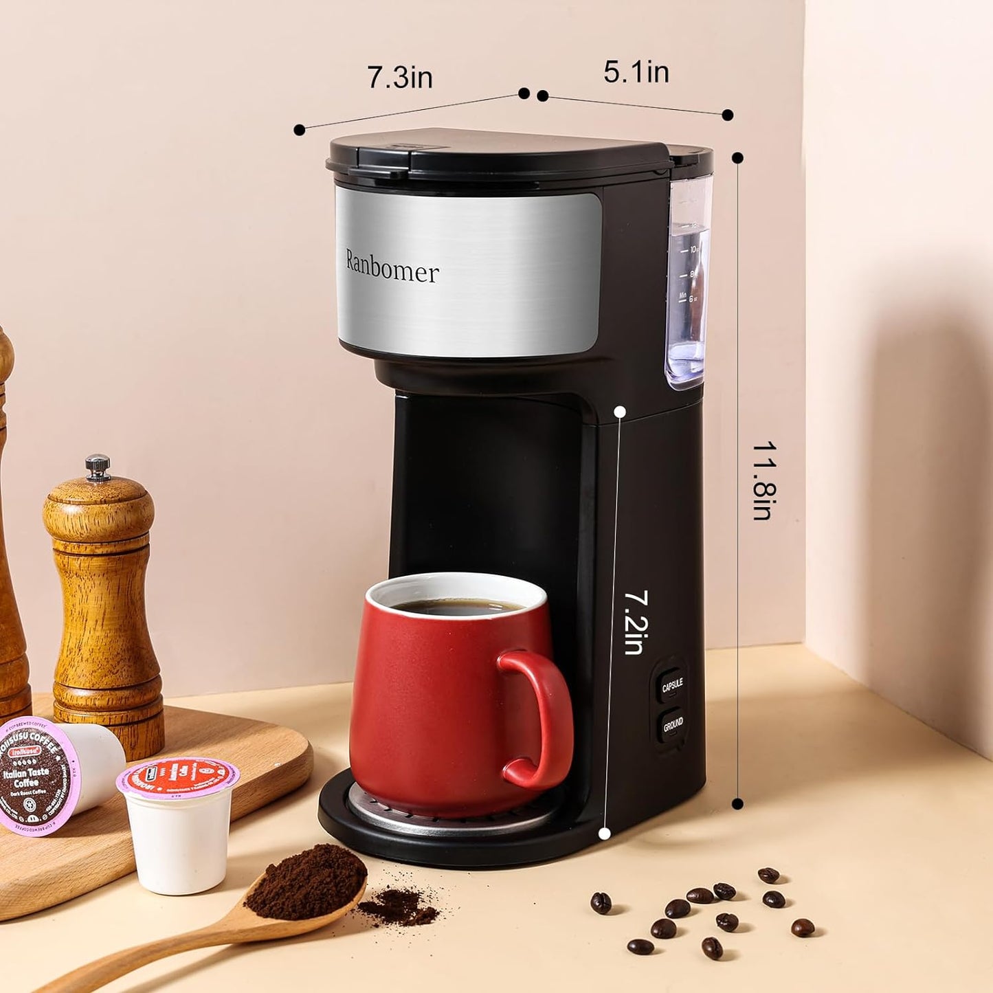 K Cup Coffee Maker, Single Serve coffee machine or Ground Coffee Machine 2 in 1, 6 to 14 Oz Brew Sizes, Mini One Cup Coffee Maker with Self cleaning Function, Fits Travel Mug, Black