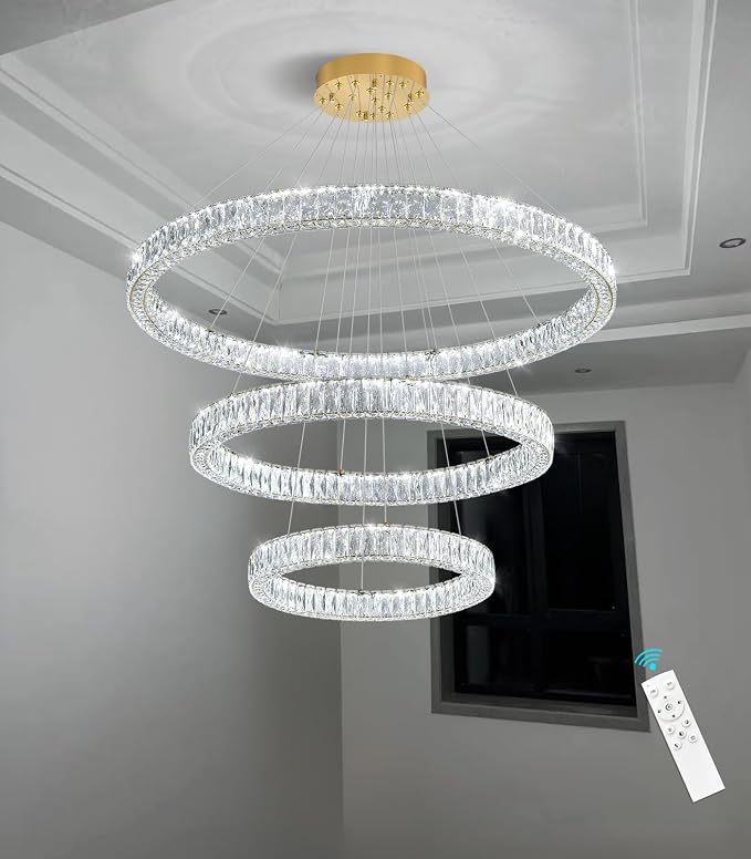 HAIXIANG Large Glam Chandelier Crystal LED 3 Rings Chandeliers Adjustable - Image 7