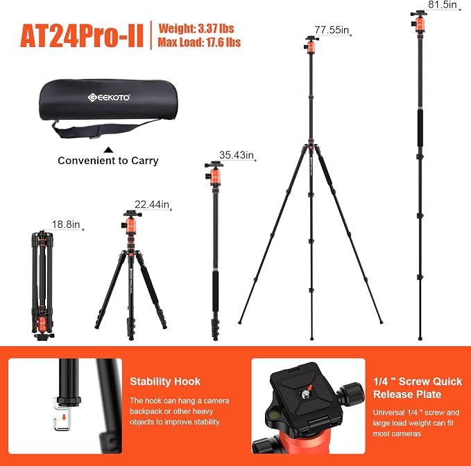 GEEKOTO 77'' Aluminum Camera Stand & Monopod, Foldable Travel Gear - Image 2