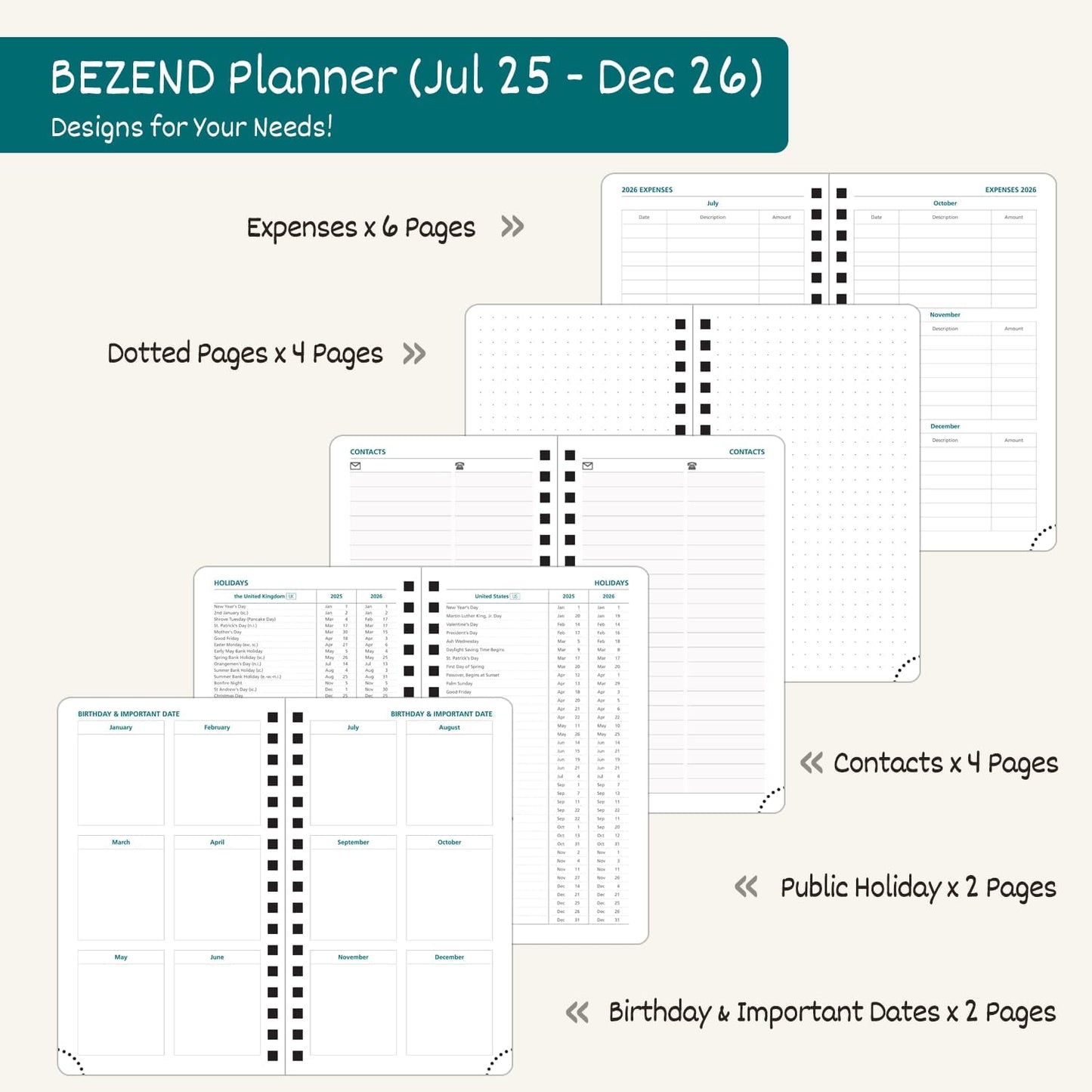BEZEND Pocket Planner 2025-2026 Weekly with 2 Columns, 18-Month Academic Calendar (Jul 25-Dec 26), Life Work App., Storage Pocket, Pen Holder, PU Leather Softcover 3.5" x 6" Spiral - Prussian Blue