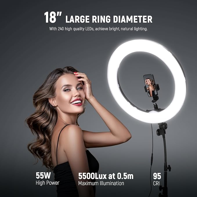 NEEWER 18 Inch Ring Light with Tripod Stand, 55W Large LED Ringlight, Cold Shoe - Image 2