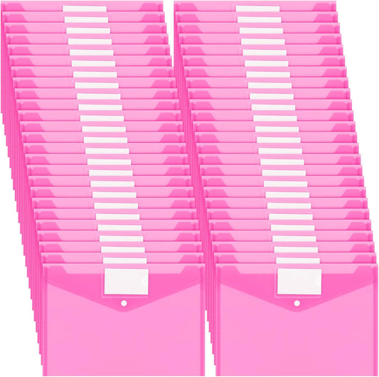 Yeaqee 50 Pcs Plastic Envelopes Poly Envelopes File Folders with Snap Button Closure Clear Folders for Documents US Letter A4 Size Filing Holder with Label Pocket for Home Office School(Pink)