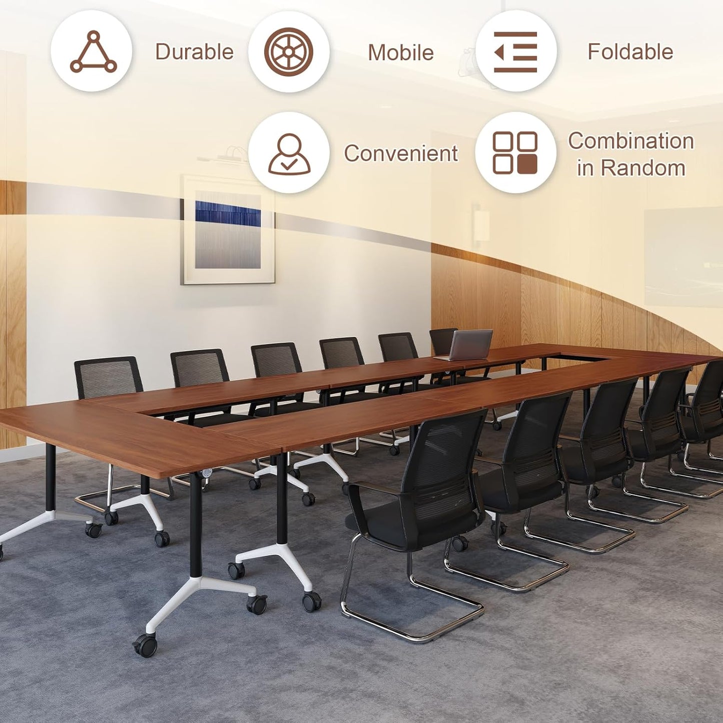 Folding Conference Room Table, Modern Conference Tables with Wheels, Large Rectangular Mobile Training Tables for Office Classroom, Foldable Modular Boardroom Seminar Table (10pack L63in)