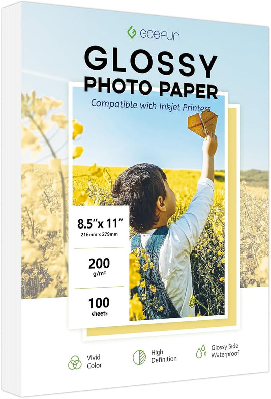 Glossy Photo Paper 8.5x11 Inch, Goefun 200GSM/54LB Inkjet Printer Paper for Dye Ink,100 Sheets