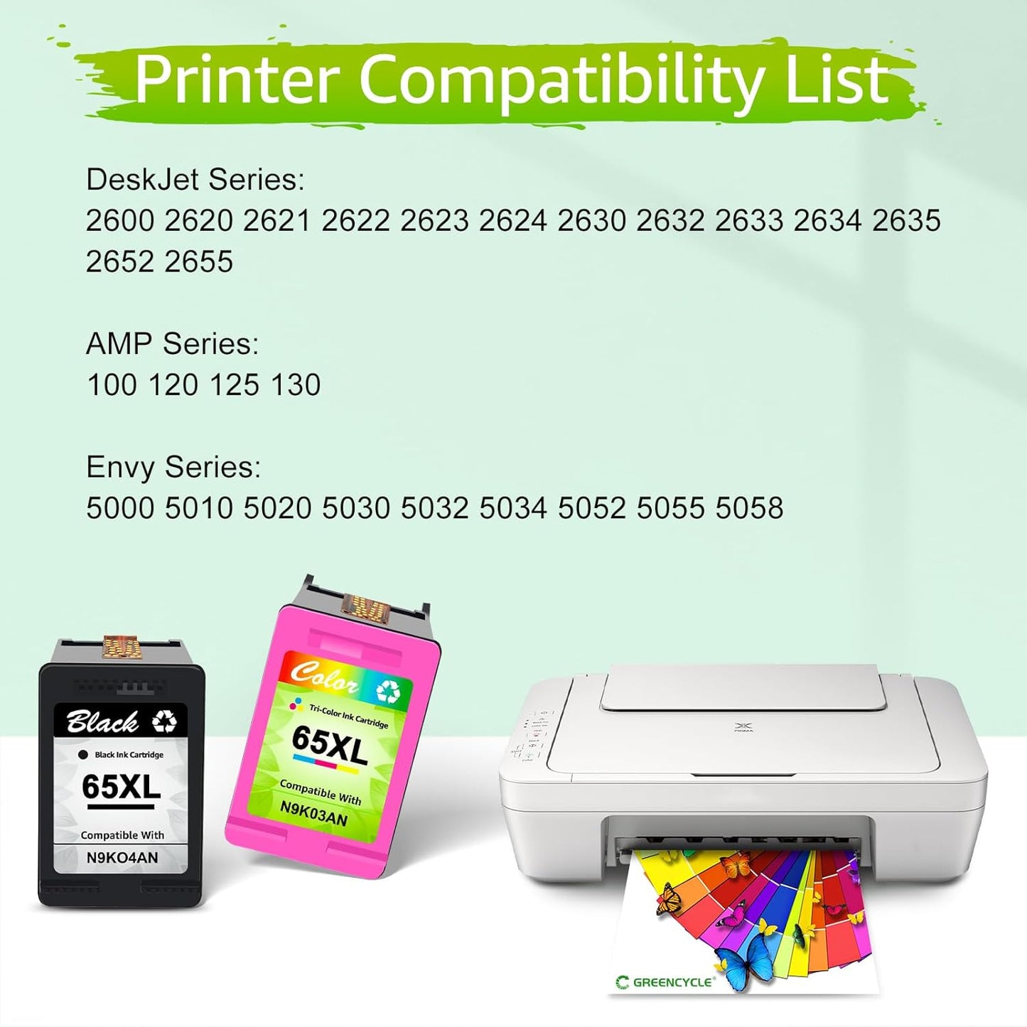 greencycle Remanufactured Ink Cartridge Replacement for HP 65 65xl Compatible for Envy 5055 5052 Deskjet 2655 3755 2622 2624 3758 3752 3732 3730 3722 3721 Printer (2 Pack, Tri-Color)