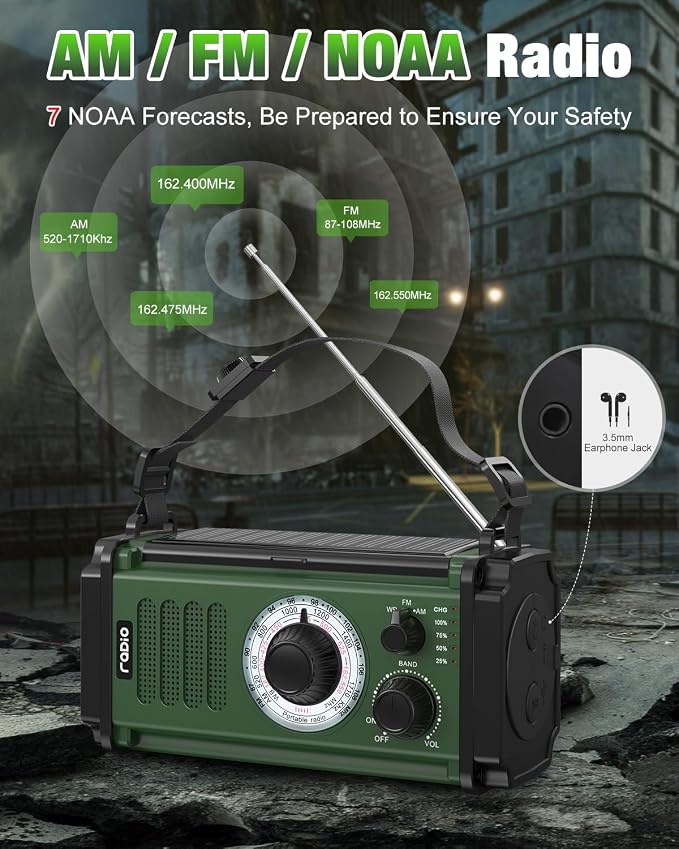 10000mAh/37000mWh Emergency Radio, Solar Radio, Hand Crank Radio, NOAA AM FM - Image 8