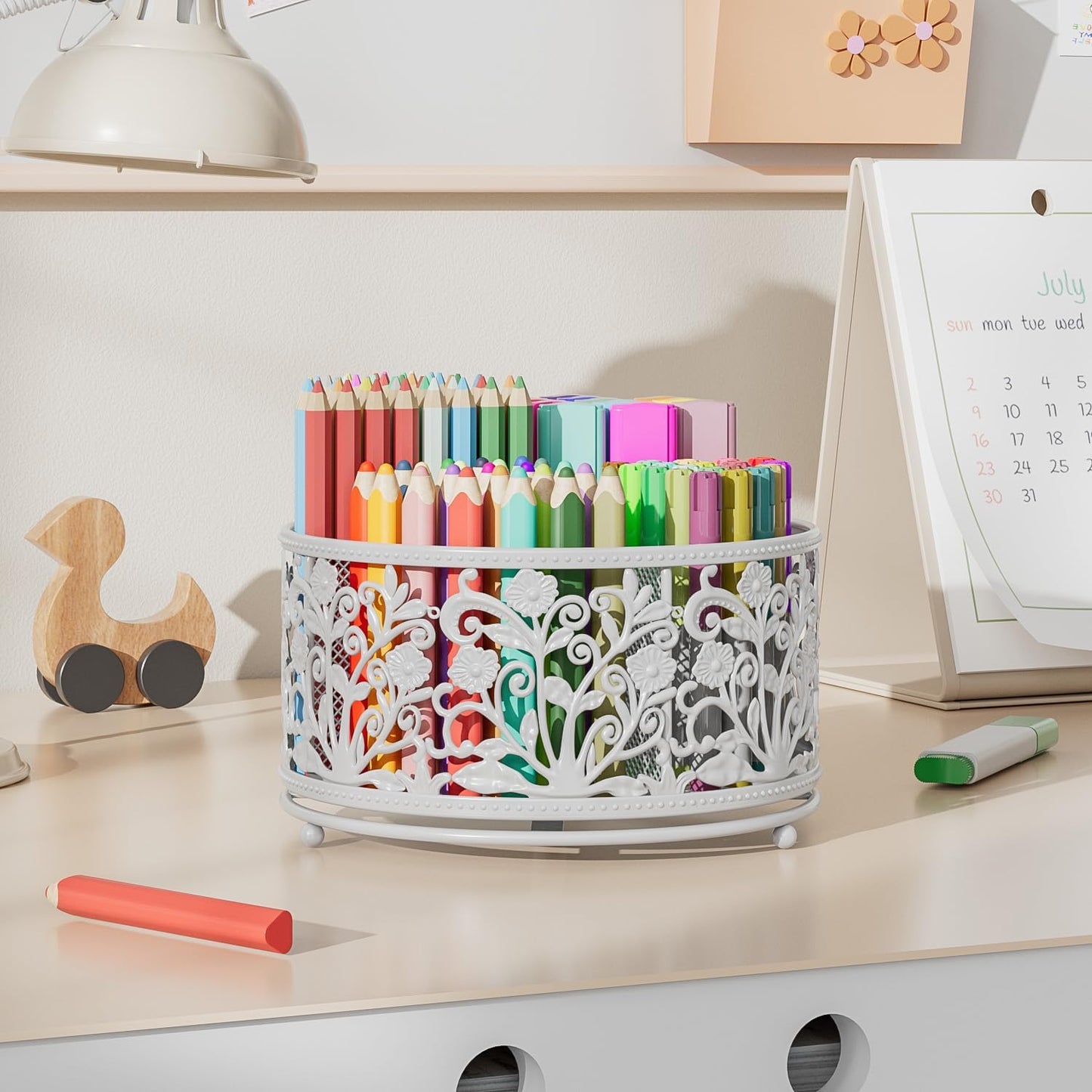 EKNITEY Rotating Mesh Desk Organizer - 4 Slots Cute Pen Pencil Holder Caddy for Office Art Supplies Home School Classroom White