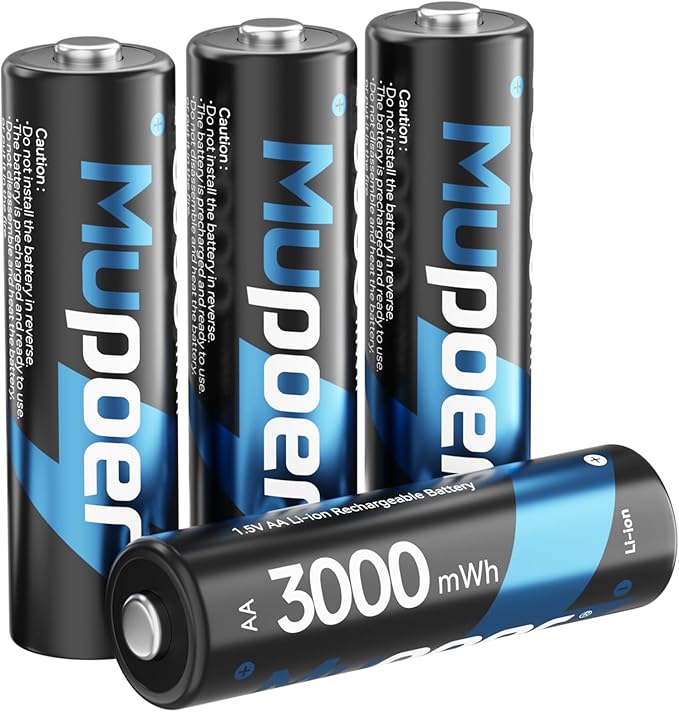 Mupoer Rechargeable AA Batteries 4 Count, Lithium Battery A 1.5V 3000mWh by Mupoer
