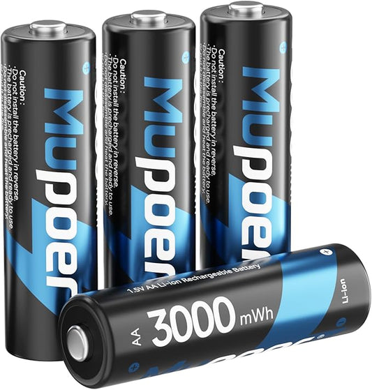 Mupoer Rechargeable AA Batteries 4 Count, Lithium Battery A 1.5V 3000mWh by Mupoer