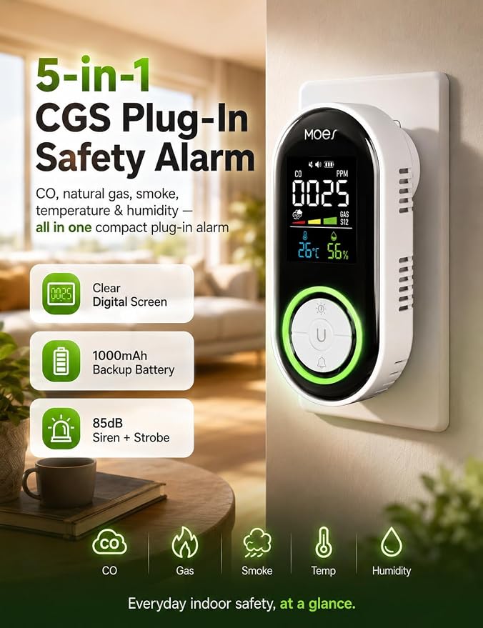 MOES 5in1 Plug-in S-moke G-as C-arbon M-onoxide D-etector Screen, methane - Image 2