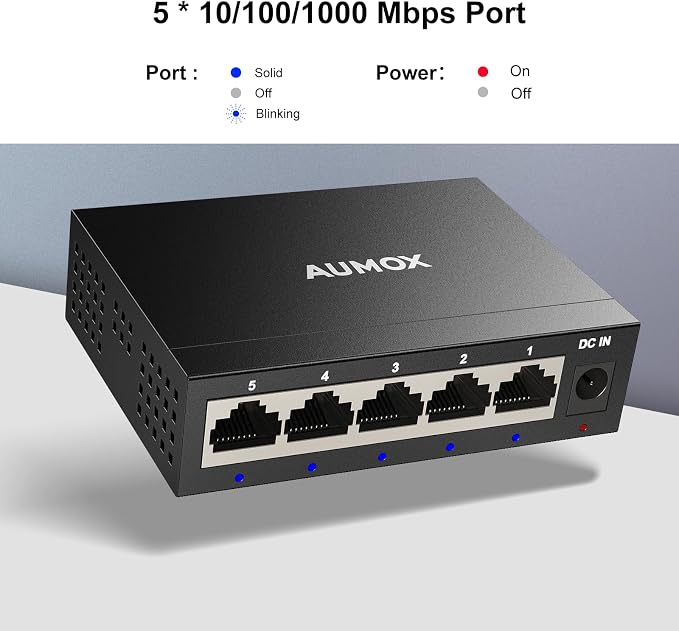 5 Port Gigabit Unmanaged Ethernet Switch, AUMOX PRO Home Network Hub, Office - Image 8
