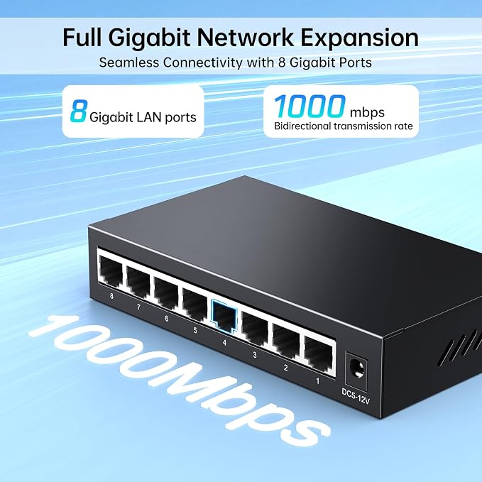 MT-VIKI 8 Port Gigabit Ethernet Switch, Unmanaged Network Switch Splitter - Image 2